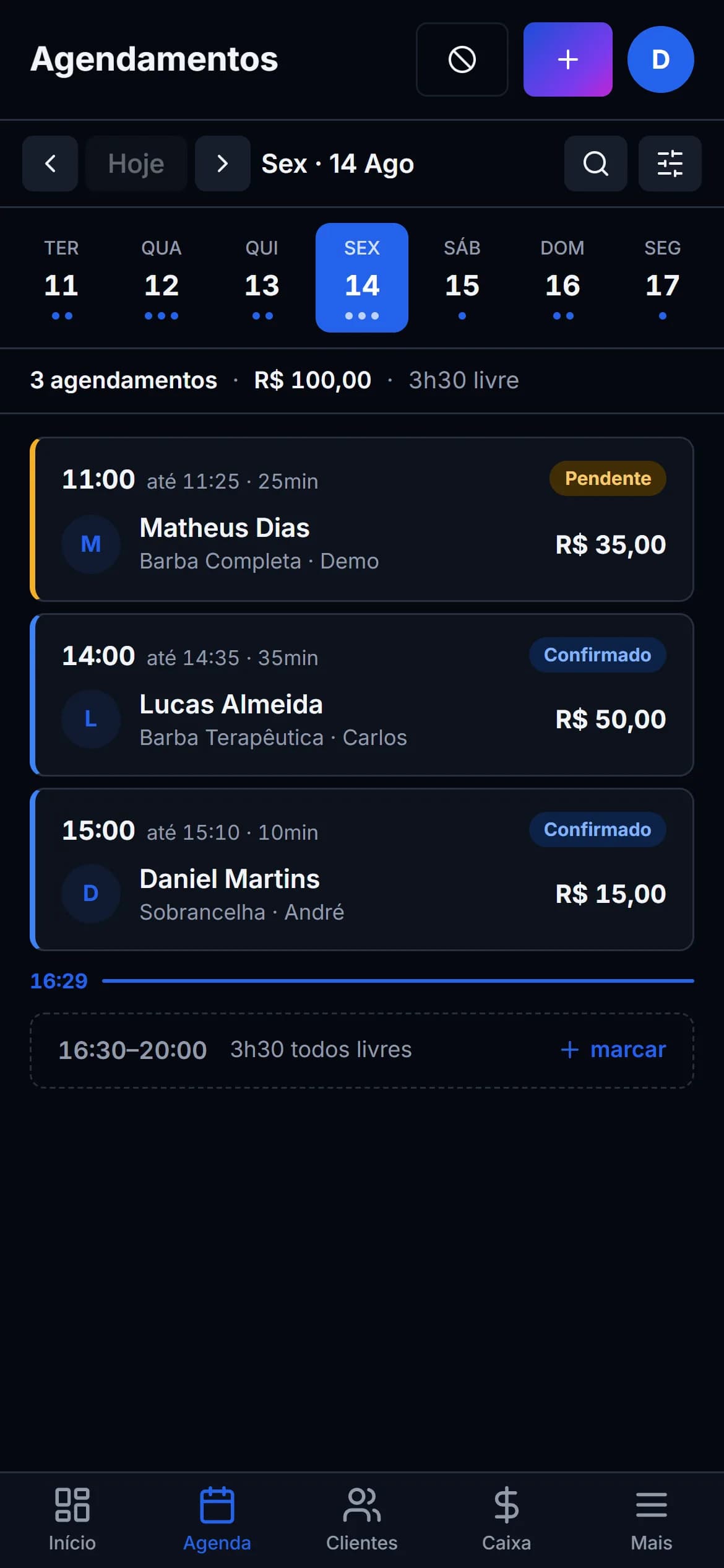 Painel do sistema para barbearia Vatro no celular