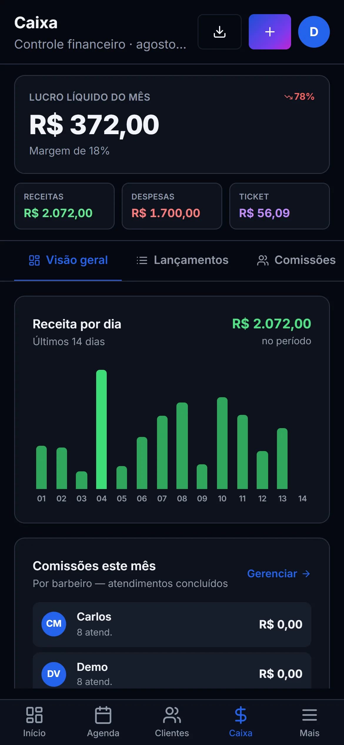 Tela de controle de caixa da Vatro no celular