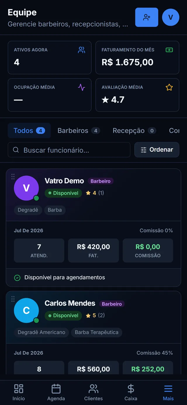 Vatro — tela de Equipe
